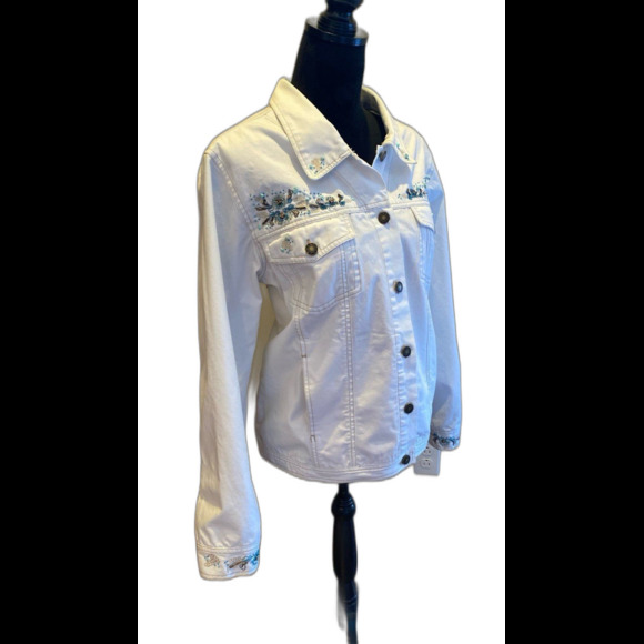 Denim & Co Jean Jacket Womens White Plus Size XL Western Beadwork Pockets - Picture 3 of 12